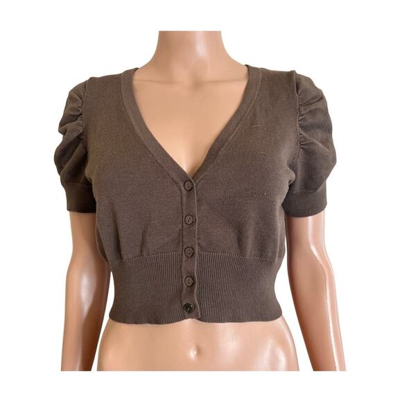 Heart-N-Crush cropped cardigan sweater puff sleeve button up MD Chocolate brown - Picture 2 of 5